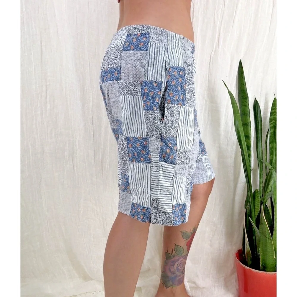 Vtg 90s Patchwork Shorts Womens M Cottage Indie Boho Bermuda Skater Long Baggy